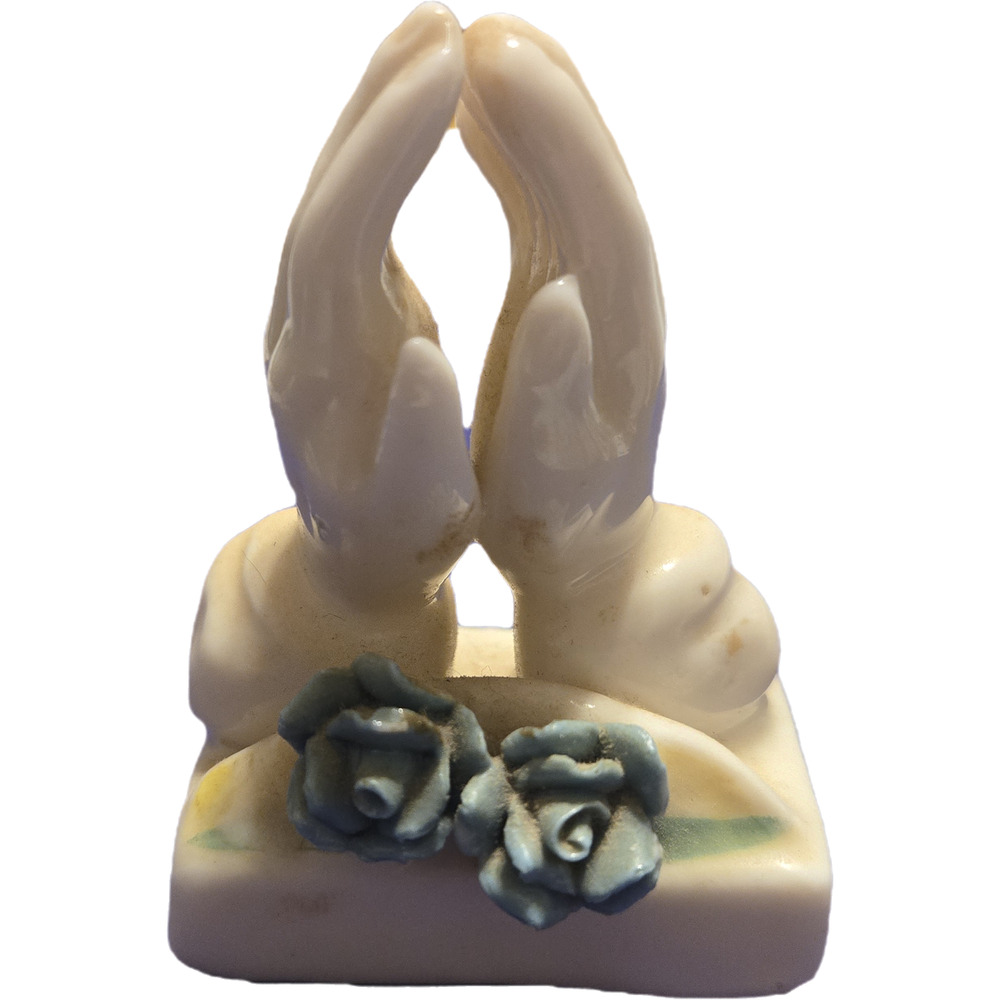 Vintage Lego Bone China Praying Hands Figurine with Blue Roses